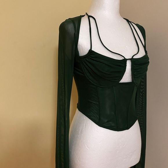 Fashion Nova Dark Green Melanie Mesh Corset Top with Detachable Sheer Sleeves S - Picture 5 of 10